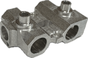 Close-up of a complex medical device component machined from stainless steel for medical use